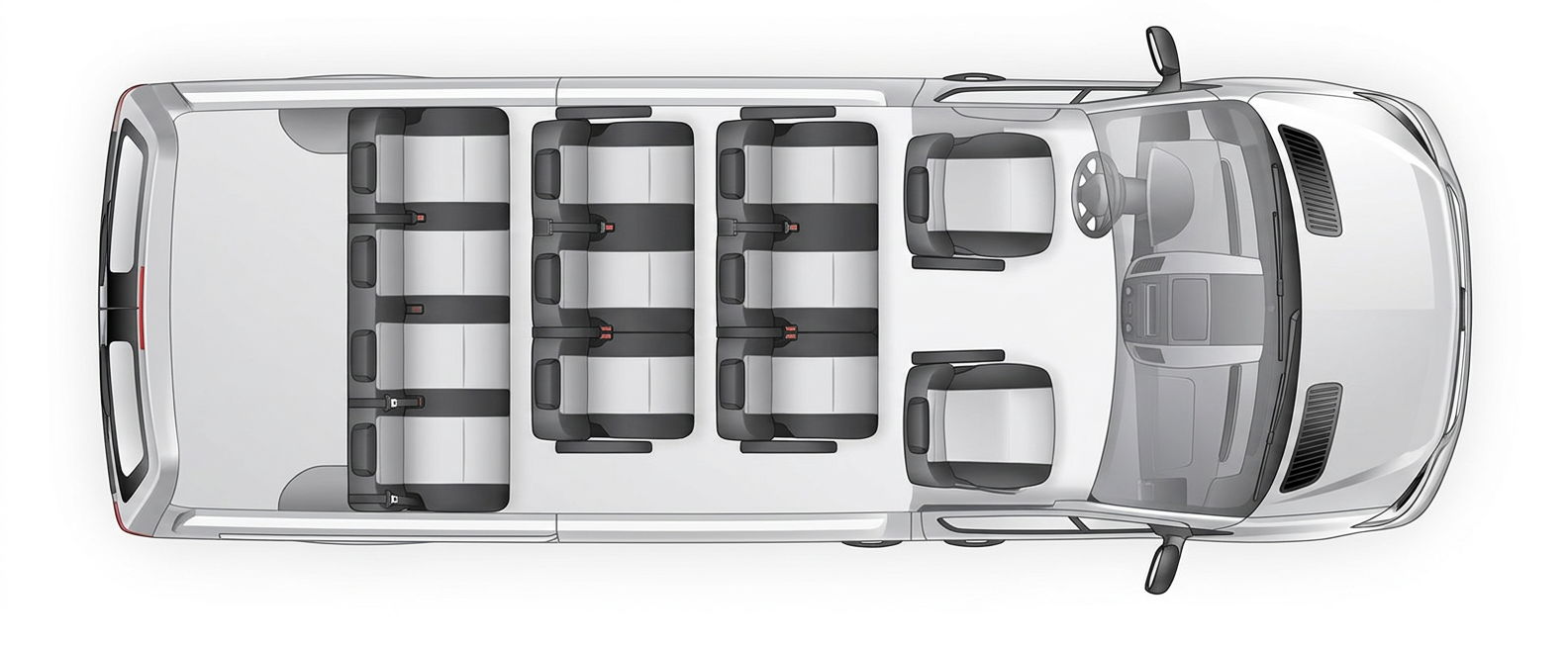 12-Passenger Mercedes Sprinter floor plan showing seat and cargo layout
