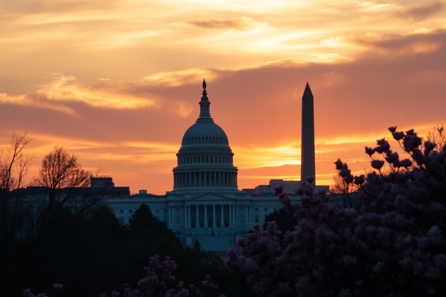 U.S. Capitol and Washington Monument silhouetted at sunset