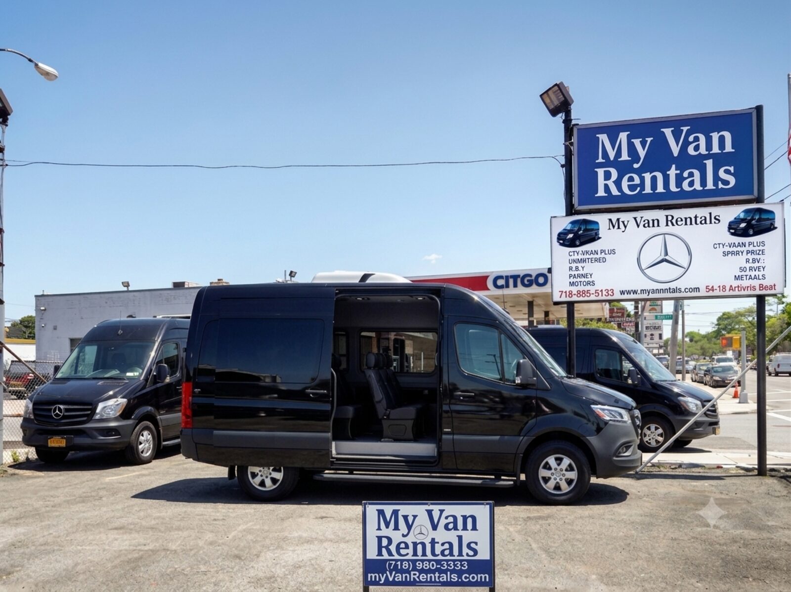 Mercedes-Benz Sprinter passenger vans parked on the My Van Rentals lot